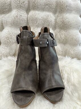 Report Gray Open-Toe Ankle Booties with Buckle